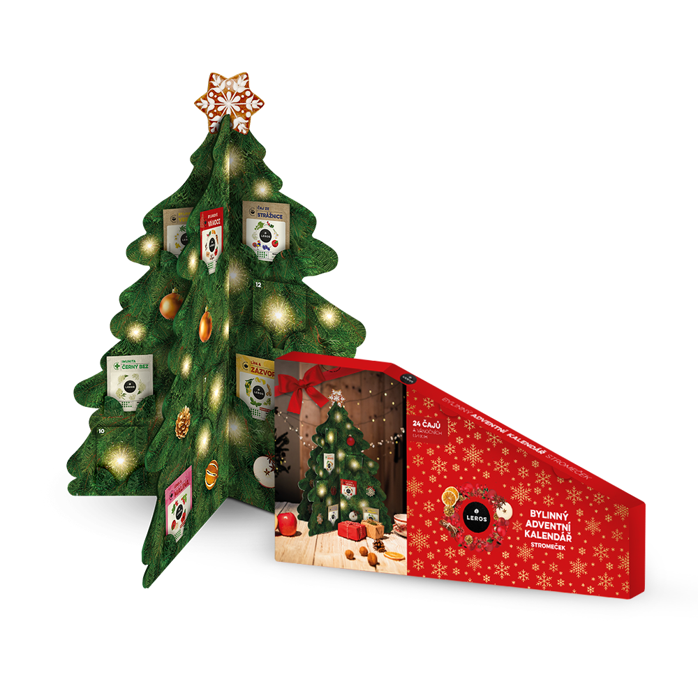 LEROS Bylinný adventní kalendář (24 nálev. sáčků) - Stromeček - s vystřihovacími ozdobami a jmenovkami